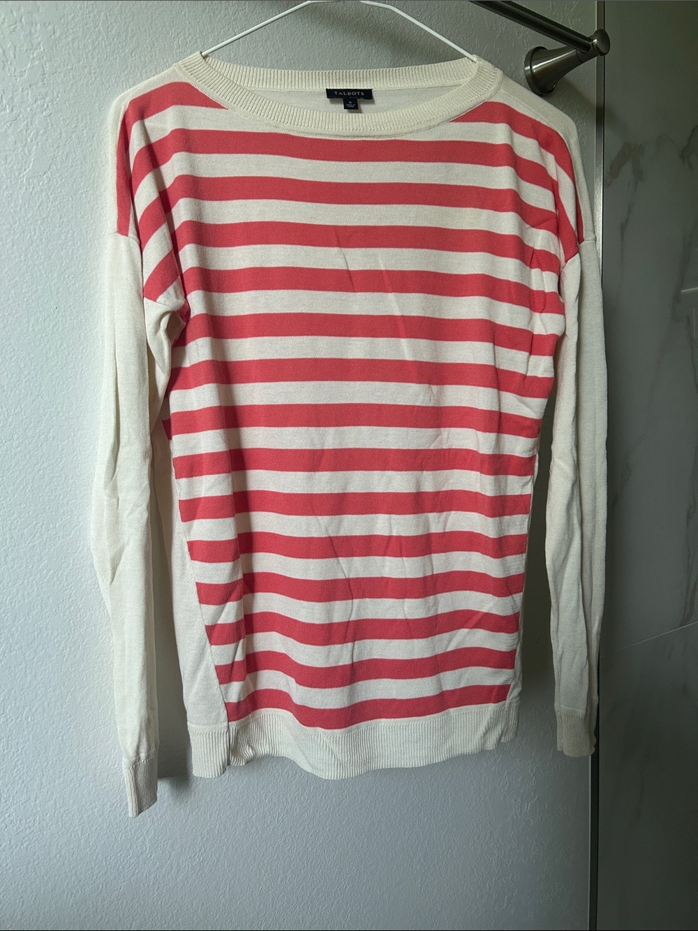 NEW Talbots Cream and Coral Striped Crewneck Sweater